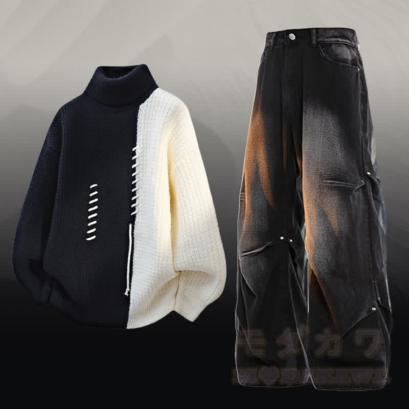 タートルネックカラーブロック フリース裏地 セーター デニムパンツ ツーピース - セットD - 3XL - image 4