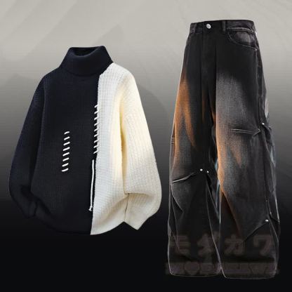 タートルネックカラーブロック フリース裏地 セーター デニムパンツ ツーピース - セットD - 3XL - image 4
