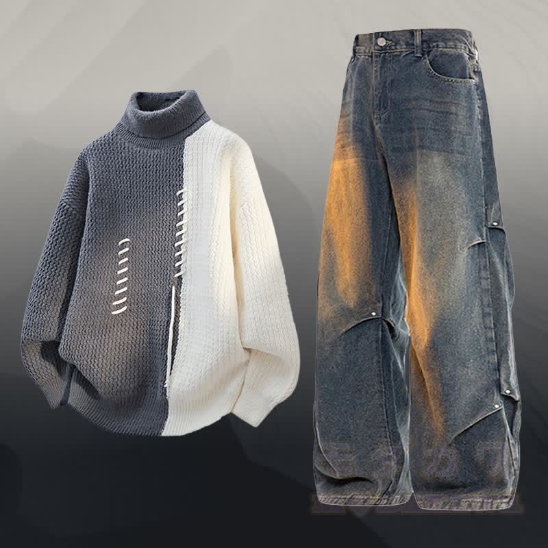 タートルネックカラーブロック フリース裏地 セーター デニムパンツ ツーピース - セットB - 3XL - image 2