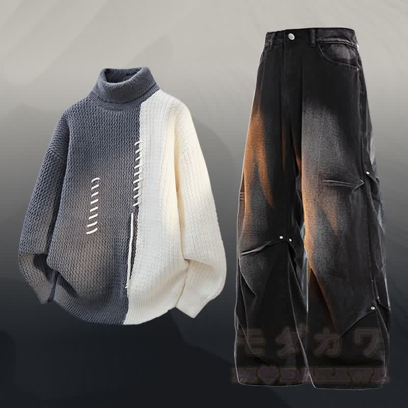 タートルネックカラーブロック フリース裏地 セーター デニムパンツ ツーピース - セットA - 3XL - image 1