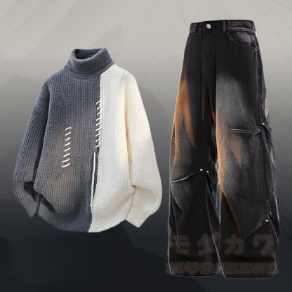 タートルネックカラーブロック フリース裏地 セーター デニムパンツ ツーピース - セットA - 3XL - image 1