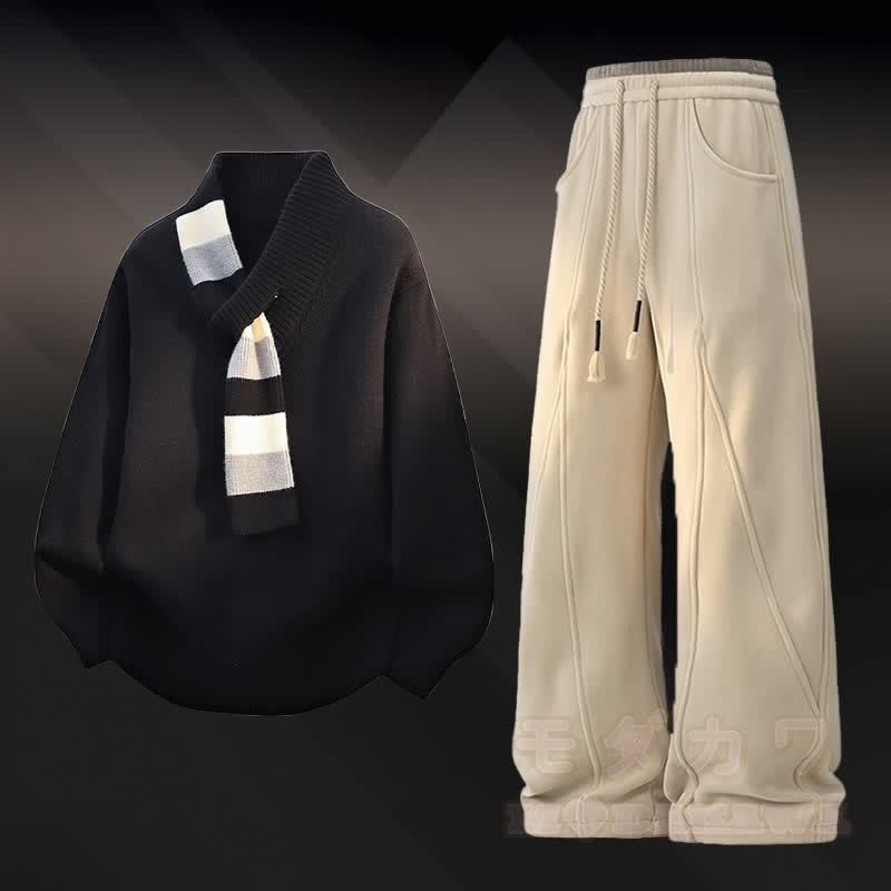 Vネックストライプニットセーターカラーブロック フリース裏地パンツ ツーピース - セットB - 4XL - image 2