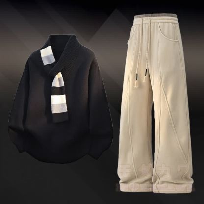 Vネックストライプニットセーターカラーブロック フリース裏地パンツ ツーピース - セットB - 4XL - image 2