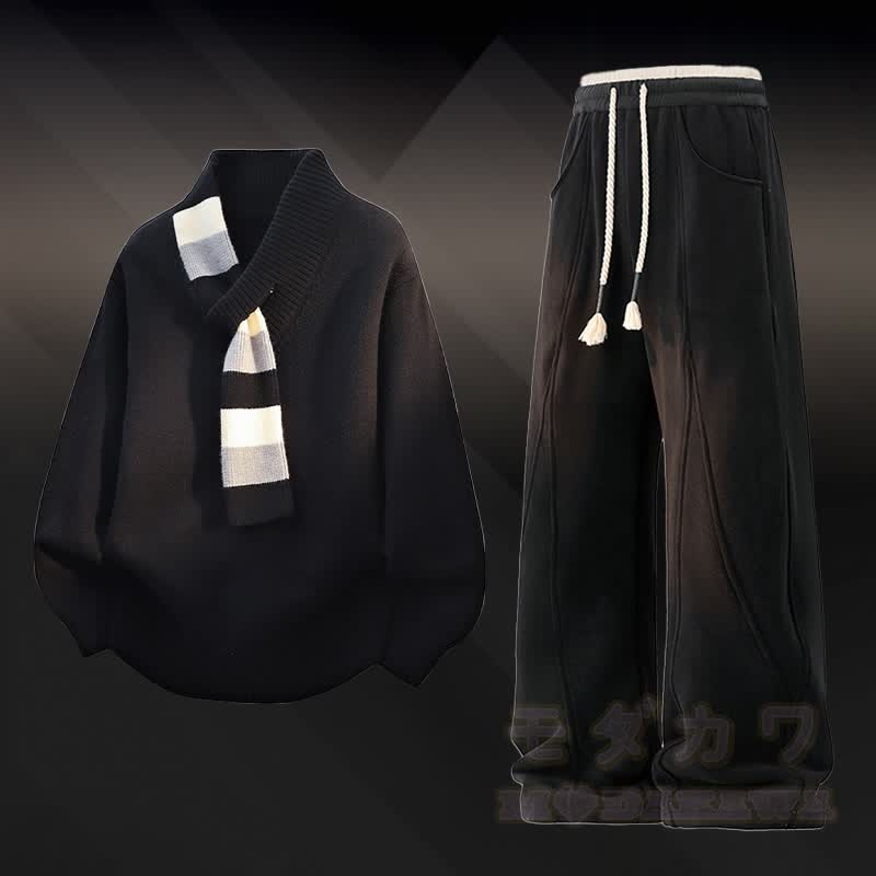 Vネックストライプニットセーターカラーブロック フリース裏地パンツ ツーピース - セットA - 4XL - image 1