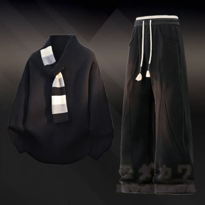 Vネックストライプニットセーターカラーブロック フリース裏地パンツ ツーピース - セットA - 4XL - image 1