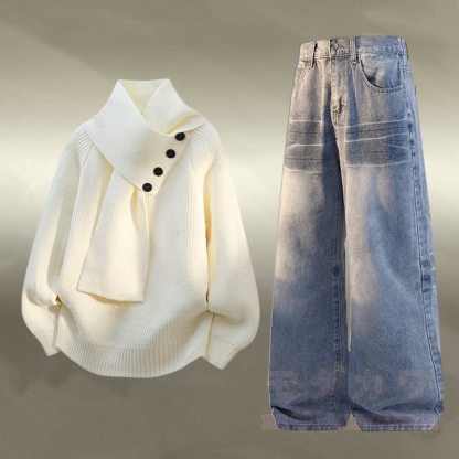 ニットフリース裏地セーターデニムパンツツーピース - セットB - 3XL - image 2