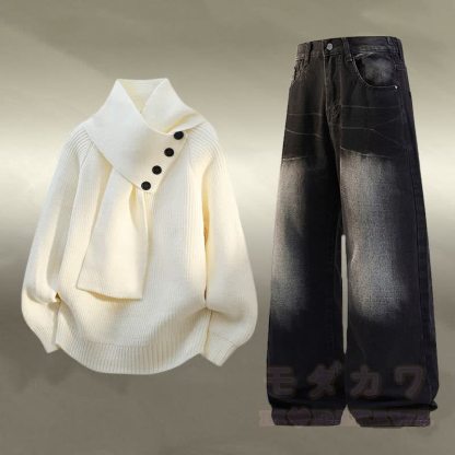 ニットフリース裏地セーターデニムパンツツーピース - セットA - 3XL - image 1