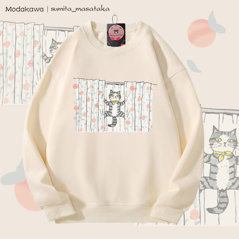 MODAKAWA × sumita_masataka カーテンクライミングキャット グラフィック ユニセックス スウェットシャツ - Beige - 5XL - image 1