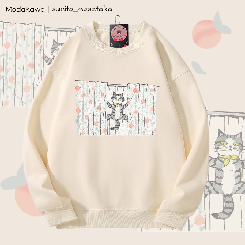 MODAKAWA × sumita_masataka カーテンクライミングキャット グラフィック ユニセックス スウェットシャツ - Beige - 5XL - image 1