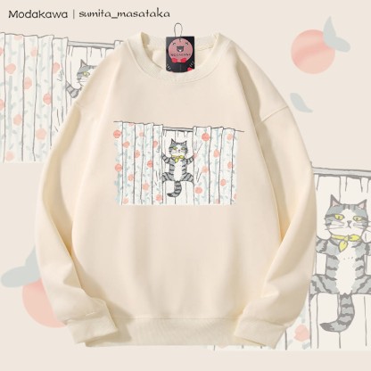MODAKAWA × sumita_masataka カーテンクライミングキャット グラフィック ユニセックス スウェットシャツ - Beige - 5XL - image 1