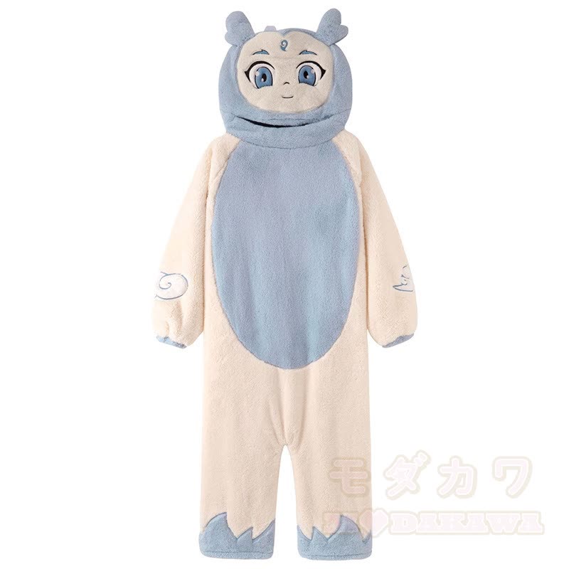 面白いカラーブロックのぬいぐるみフード付きワンジーパジャマ - 青 - 3XL - image 2