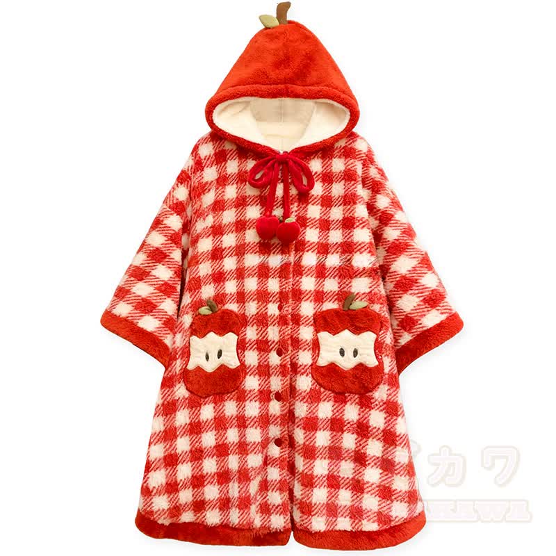 プラッシュチェック柄アップルフード付きケープローブ - 赤 - フリー - image 2