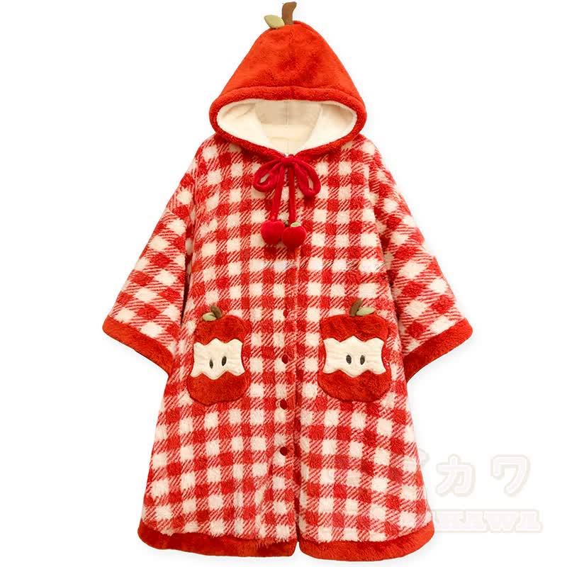 プラッシュチェック柄アップルフード付きケープローブ - 赤 - フリー - image 2