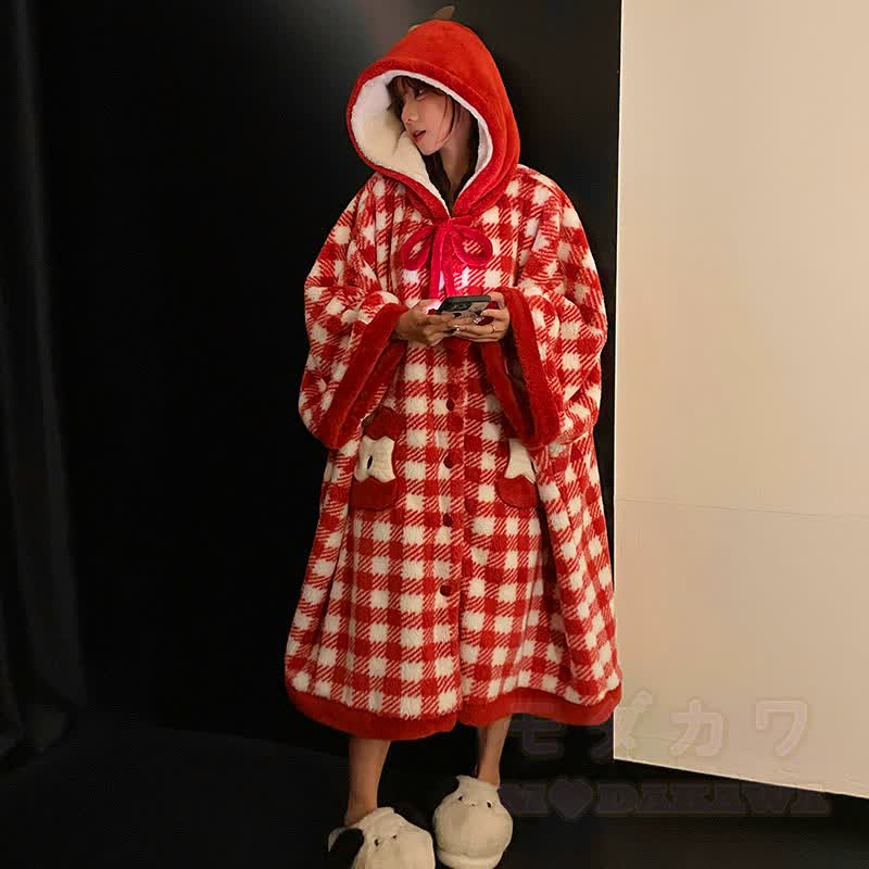 プラッシュチェック柄アップルフード付きケープローブ - image 3