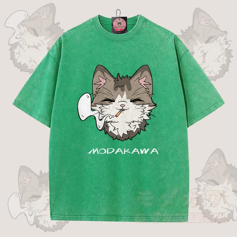 MODAKAWA スモーキングキャットグラフィック ユニセックス ヴィンテージウォッシュTシャツ - 緑 - 5XL - image 2