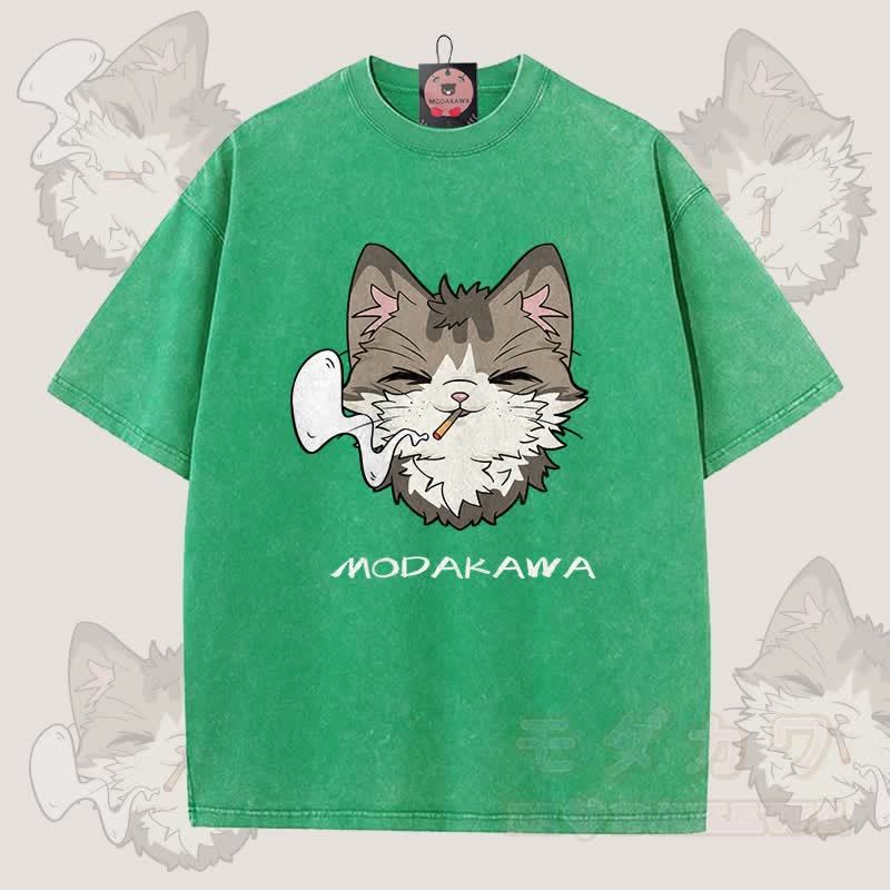 MODAKAWA スモーキングキャットグラフィック ユニセックス ヴィンテージウォッシュTシャツ - 緑 - 5XL - image 2