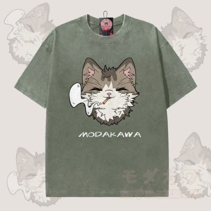 MODAKAWA スモーキングキャットグラフィック ユニセックス ヴィンテージウォッシュTシャツ - ダークグリーン - 5XL - image 1