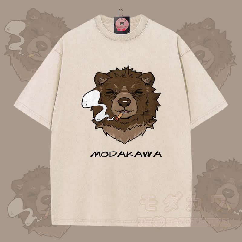 MODAKAWA スモーキングベア グラフィック ユニセックス ヴィンテージウォッシュTシャツ - アプリコット - 5XL - image 4