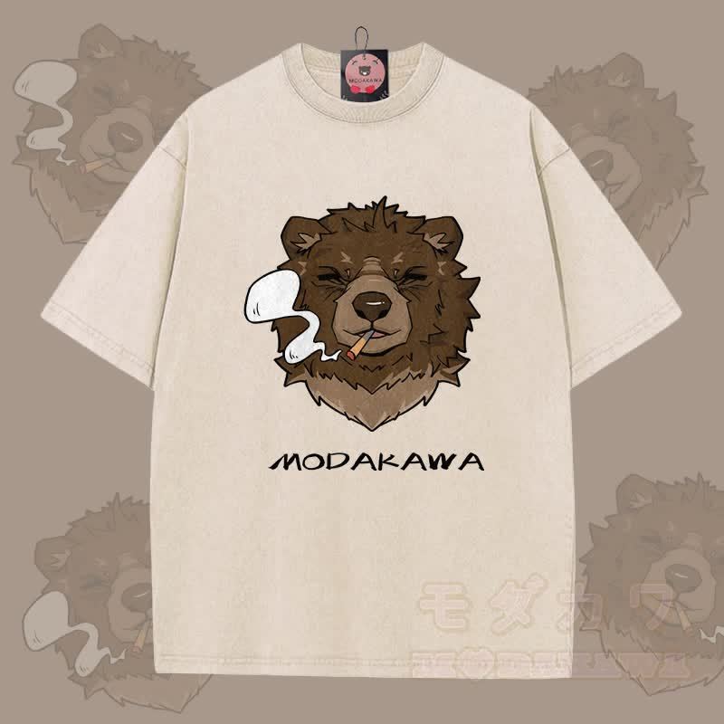 MODAKAWA スモーキングベア グラフィック ユニセックス ヴィンテージウォッシュTシャツ - アプリコット - 5XL - image 4