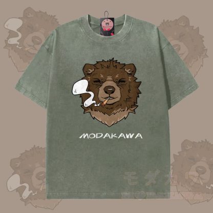 MODAKAWA スモーキングベア グラフィック ユニセックス ヴィンテージウォッシュTシャツ - ダークグリーン - 5XL - image 2