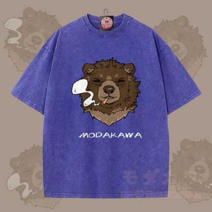 MODAKAWA スモーキングベア グラフィック ユニセックス ヴィンテージウォッシュTシャツ - 青 - 5XL - image 3