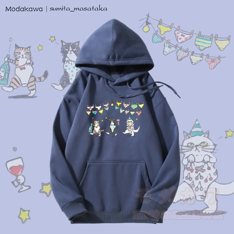 MODAKAWA × sumita_masataka ほろ酔いパーティーキャッツグラフィック裏毛パーカー - ダスティブルー - 5XL - image 1