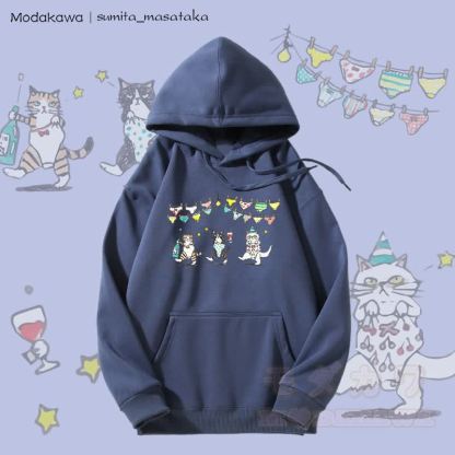 MODAKAWA × sumita_masataka ほろ酔いパーティーキャッツグラフィック裏毛パーカー - ダスティブルー - 5XL - image 1