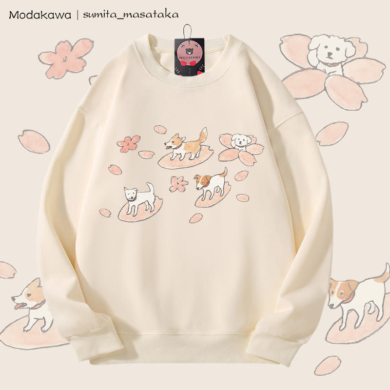 MODAKAWA × sumita_masataka 犬桜 サーフィン グラフィック ユニセックス スウェットシャツ - Beige - 5XL - image 2