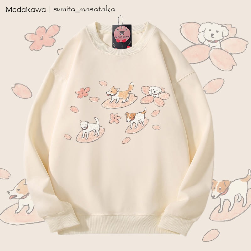 MODAKAWA × sumita_masataka 犬桜 サーフィン グラフィック ユニセックス スウェットシャツ - Beige - 5XL - image 2