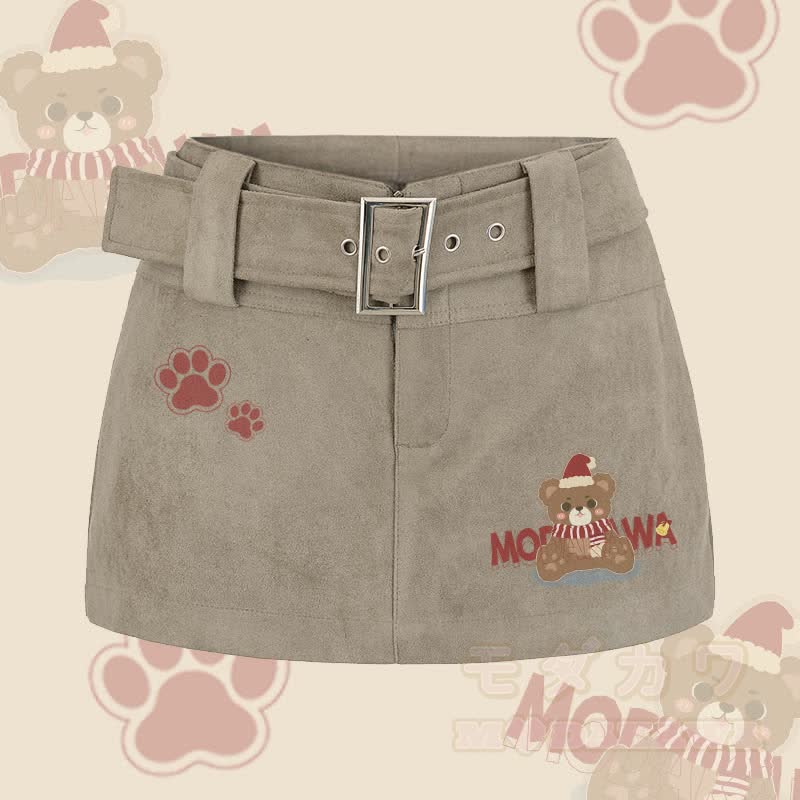MODAKAWA クリスマスベアグラフィックベルトミニスカート - カーキ - L - image 1