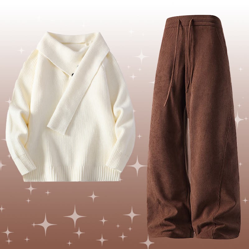 イレギュラーニットセーター コーデュロイパンツ ツーピース - Set A - 4XL - image 1