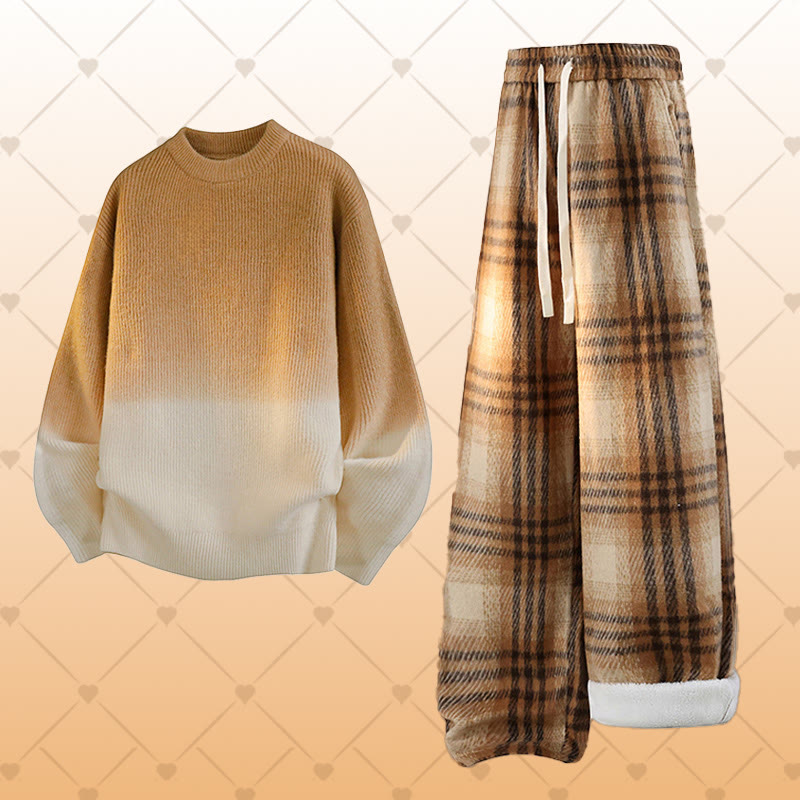 グラデーションニットセーター チェック柄 フリース裏地パンツ ツーピース - Set A - 2XL - image 1