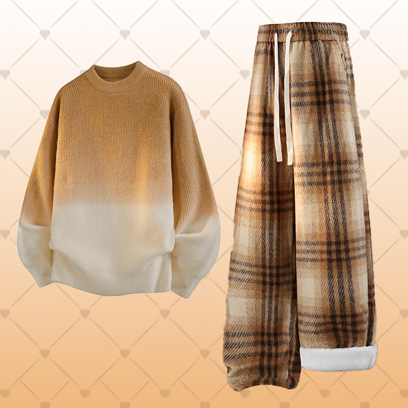 グラデーションニットセーター チェック柄 フリース裏地パンツ ツーピース - Set A - 2XL - image 1