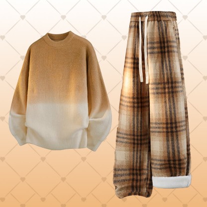 グラデーションニットセーター チェック柄 フリース裏地パンツ ツーピース - Set A - 2XL - image 1
