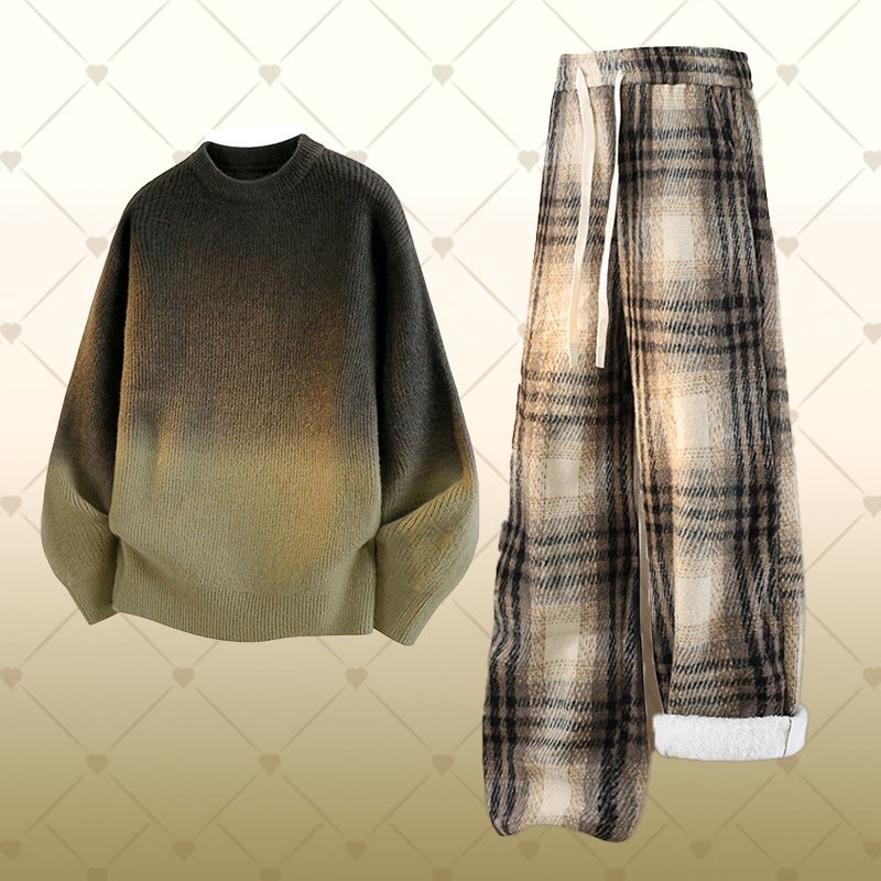 グラデーションニットセーター チェック柄 フリース裏地パンツ ツーピース - Set B - 2XL - image 2