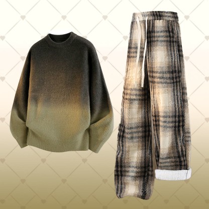 グラデーションニットセーター チェック柄 フリース裏地パンツ ツーピース - Set B - 2XL - image 2