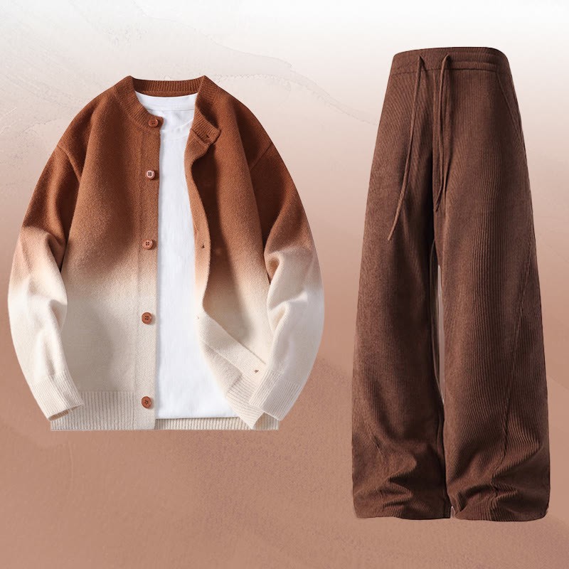 グラデーションニットカーディガンセーターコーデュロイパンツツーピース - Set A - 4XL - image 1