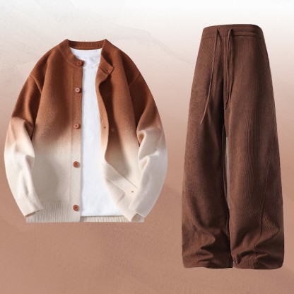 グラデーションニットカーディガンセーターコーデュロイパンツツーピース - Set A - 4XL - image 1