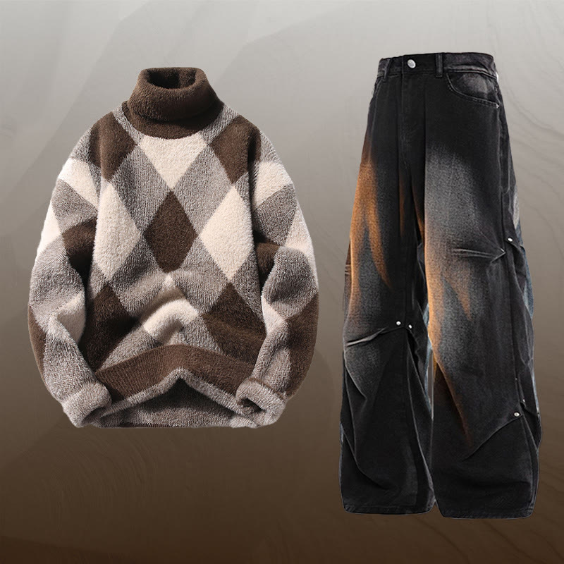チェック柄ファジーニットセーターデニムパンツツーピース - Set A - 3XL - image 1