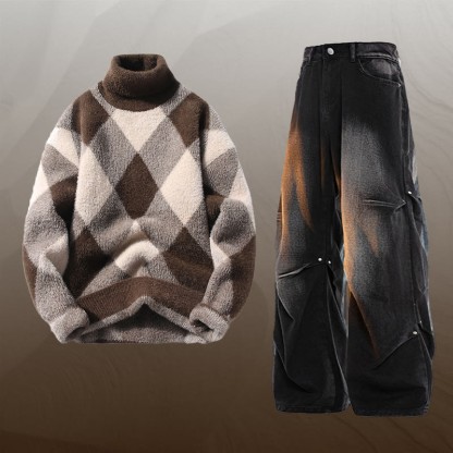 チェック柄ファジーニットセーターデニムパンツツーピース - Set A - 3XL - image 1