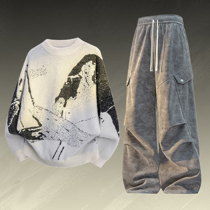 ヴィンテージニットセーターカーゴパンツツーピース - Set A - 3XL - image 1