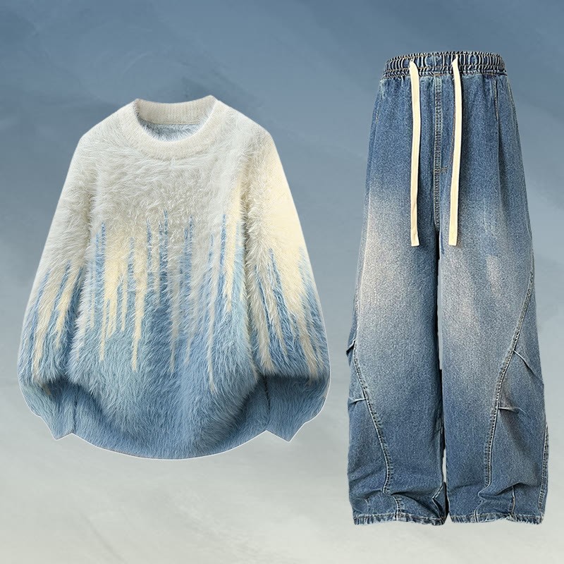 ふわふわニットセーター デニムパンツ ツーピース - Set A - 2XL - image 1