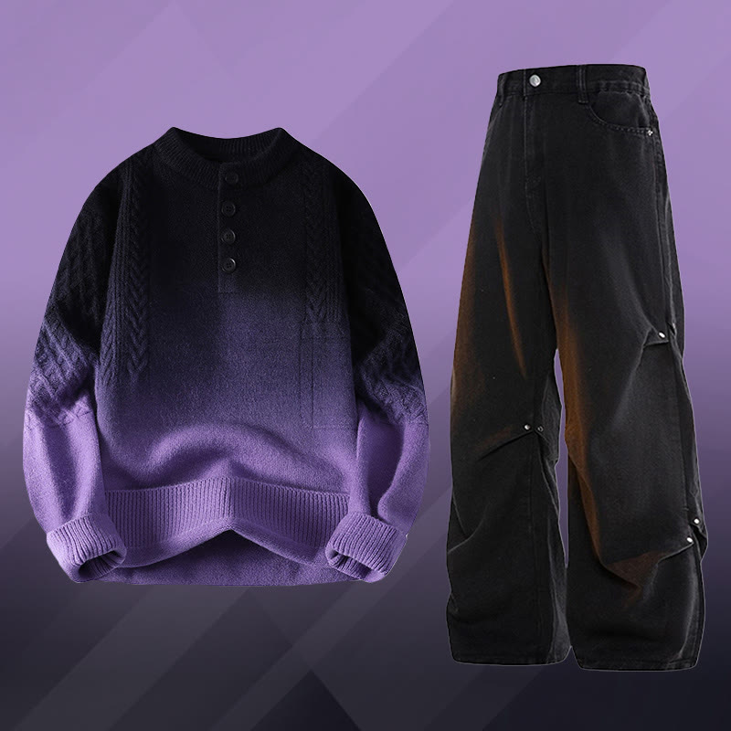 グラデーションケーブルニットセーター デニムパンツ ツーピース - Set A - 3XL - image 1