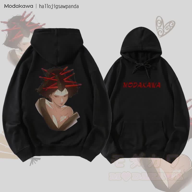 MODAKAWA X Hallo レッドヘアピン アニメガール グラフィック ストリートウェア プルオーバー パーカー - 黒 - 5XL - image 1