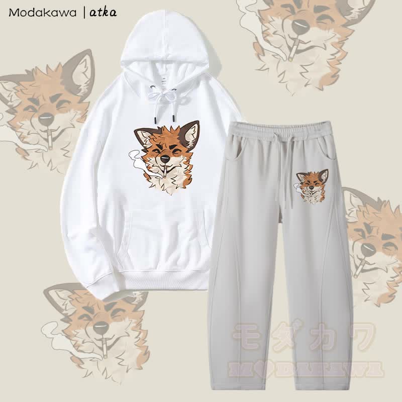 MODAKAWA X atka Fox スモーキンググラフィックパーカー メンズ ドローストリングパンツ 2ピースセット - ホワイト＆グレー - 4XL - image 4