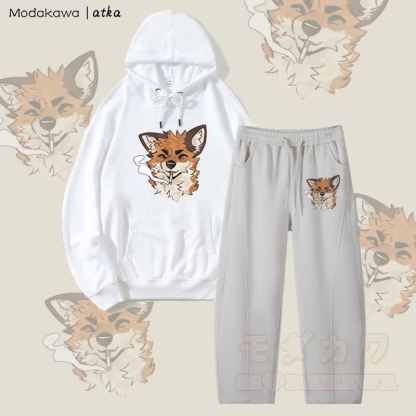 MODAKAWA X atka Fox スモーキンググラフィックパーカー メンズ ドローストリングパンツ 2ピースセット - ホワイト＆グレー - 4XL - image 4