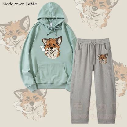 MODAKAWA X atka Fox スモーキンググラフィックパーカー メンズ ドローストリングパンツ 2ピースセット - グリーン＆ヘザーグレー - 4XL - image 2