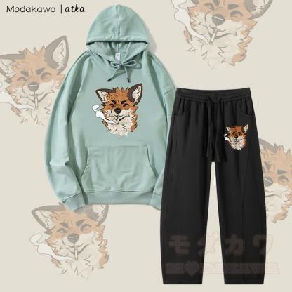 MODAKAWA X atka Fox スモーキンググラフィックパーカー メンズ ドローストリングパンツ 2ピースセット - グリーン＆ブラック - 4XL - image 3