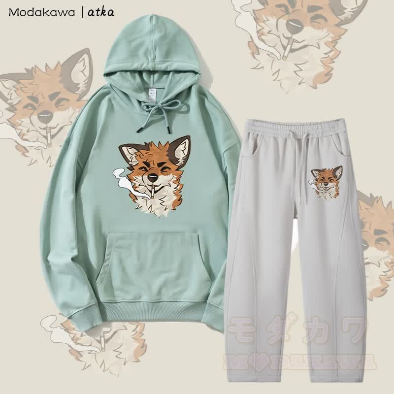 MODAKAWA X atka Fox スモーキンググラフィックパーカー メンズ ドローストリングパンツ 2ピースセット - グリーン＆グレー - 4XL - image 1