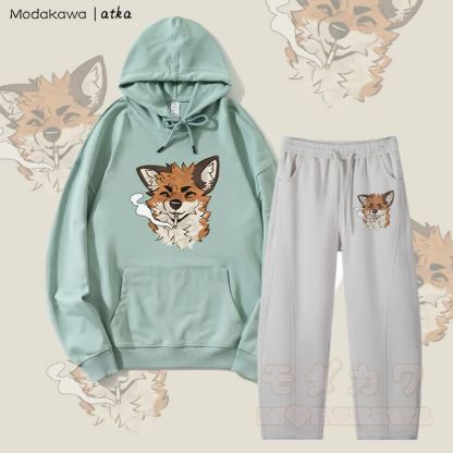 MODAKAWA X atka Fox スモーキンググラフィックパーカー メンズ ドローストリングパンツ 2ピースセット - グリーン＆グレー - 4XL - image 1